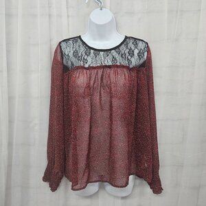 Pleione Blouse Leopard Red Black Lace Sheer Peasant L